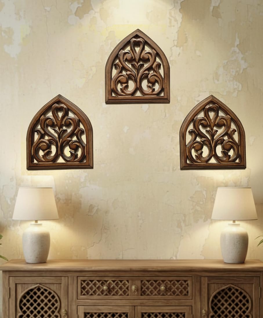 DE KRAFTSMAN wall panels for living room/set of 3 wall decor MEHRAAB palaces style window design handcarved antique wall panel decor small size (neo updated design)