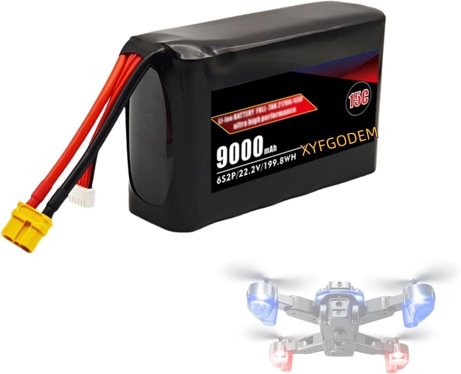 Batteria ai polimeri di litio 15C 22,2 V 9000 mAh ad alta scarica per droni e veicoli radiocomandati, ricarica rapida e protezione BMS
