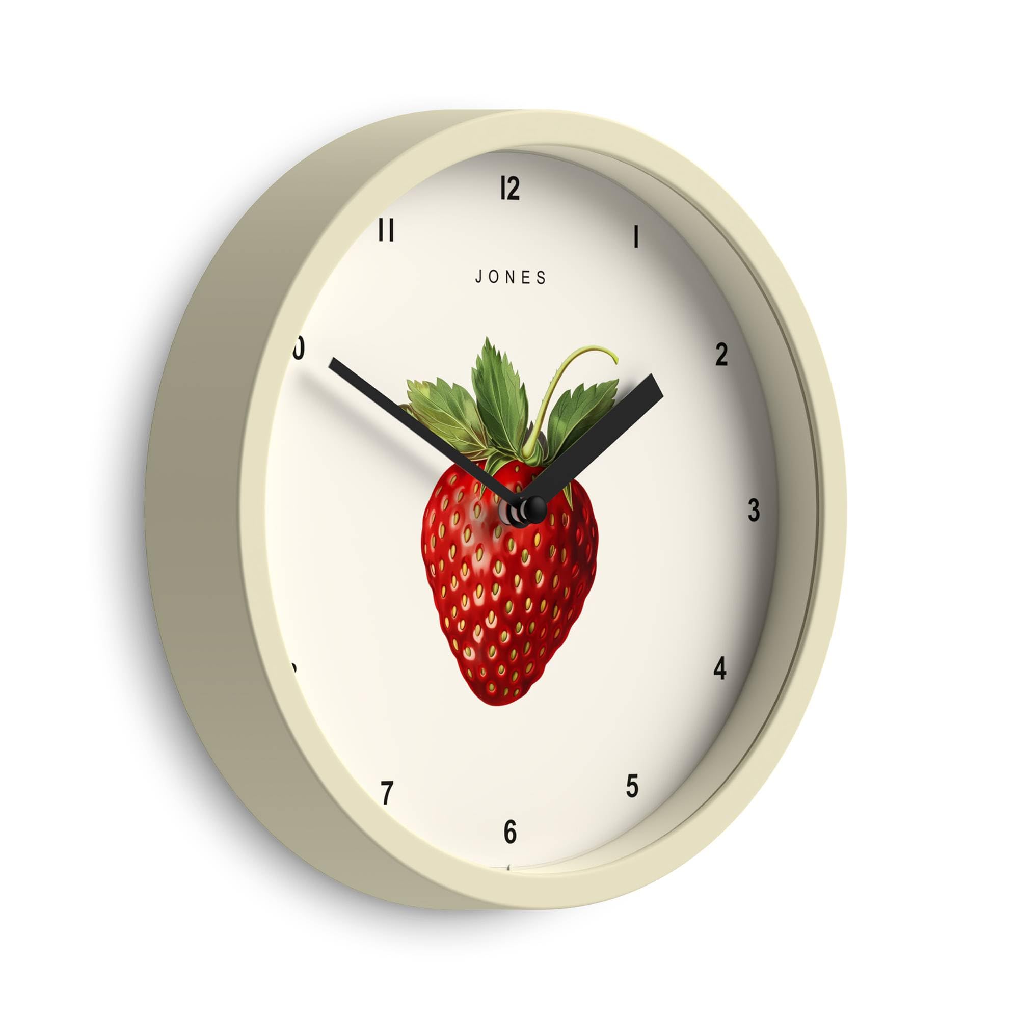 Jones Clocks® Fruit wall clock | Small round clock | 20cm | Cream | Botanical illustrated strawberry artwork | Ideal for kitchen and dining rooms. — image 1