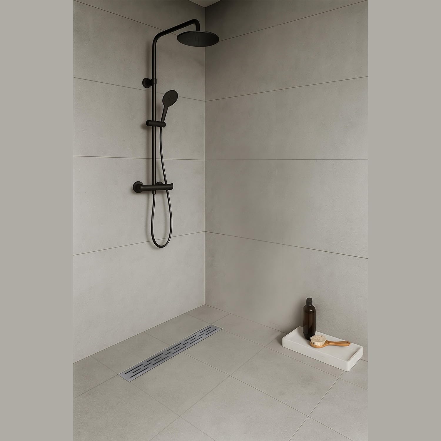 JAZY Caniveau de douche L.110 cm design linéaire, acier inoxydable, siphon anti-odeurs, drainage élevé
