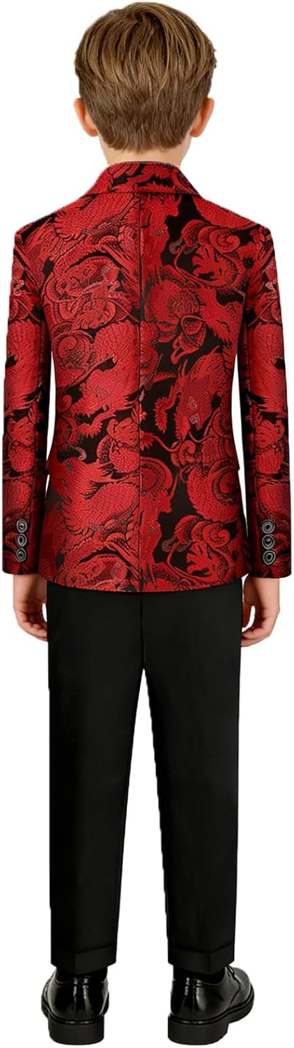 Boys Suit 4 Pieces Chinese Traditional Dragon Pattern Set Kids Jacquard Tuxedo with Fancy Blazer Pants Shirt Tie