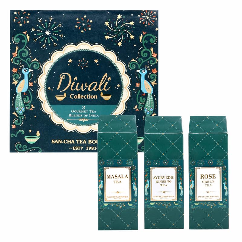 Image of Sancha Tea Boutique, Diwali Collection, Diwali Gift Box, Rose Green Tea, Ginseng Tea & Masala Chai, Loose Leaf Tea, Tea Assortment, Gift of Health, Premium Tea Hamper