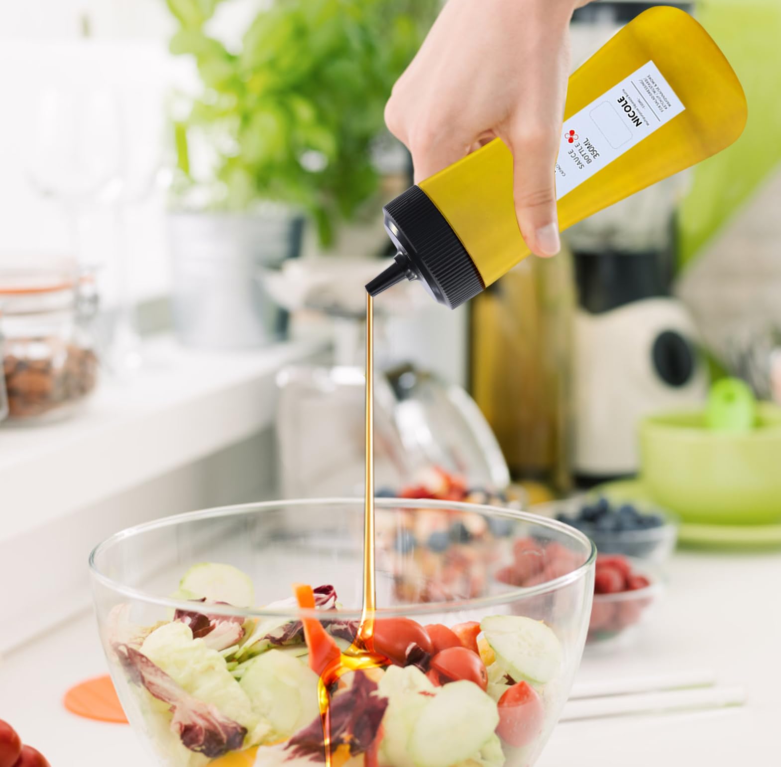 Nivofu 5 sztuk butelek do wyciskania z nakrętkami, 350 ml, plastikowe butelki do wyciskania z dyszami, do wielokrotnego napełniania, do keczupu, sosów, syropów, sosów