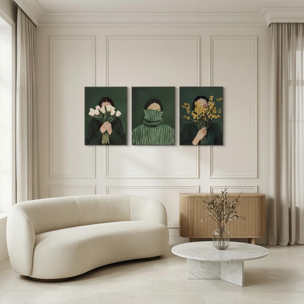 3 Pcs Framed Emerald Green Abstract People Wall Art Canvas, floral Woman Portrait with White Tulips, Striped Sweater and Yellow Flowers Poster Prints Pictures Paintings Home Wall Decor, Wrapped Canvas