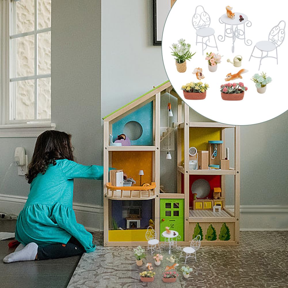 FREEBLOSS 13Pcs Dollhouse Furniture Set Miniature Patio Set including Mini Table Chairs Garden Plants Mini Squirrels Decor Doll House Furniture and Accessories Set - Image 4
