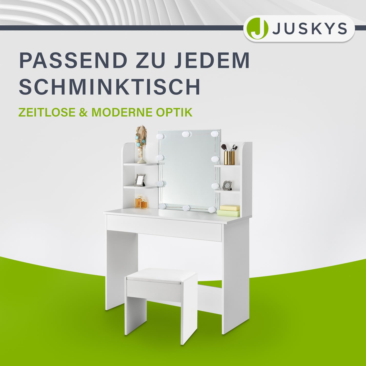 Juskys Schminktisch Hocker Melly, Sitzhocker aus Holz mit gepolstertem Kissen & Bezug aus Kunstleder, moderner Polsterhocker 40 x 30 x 43 cm in Weiß