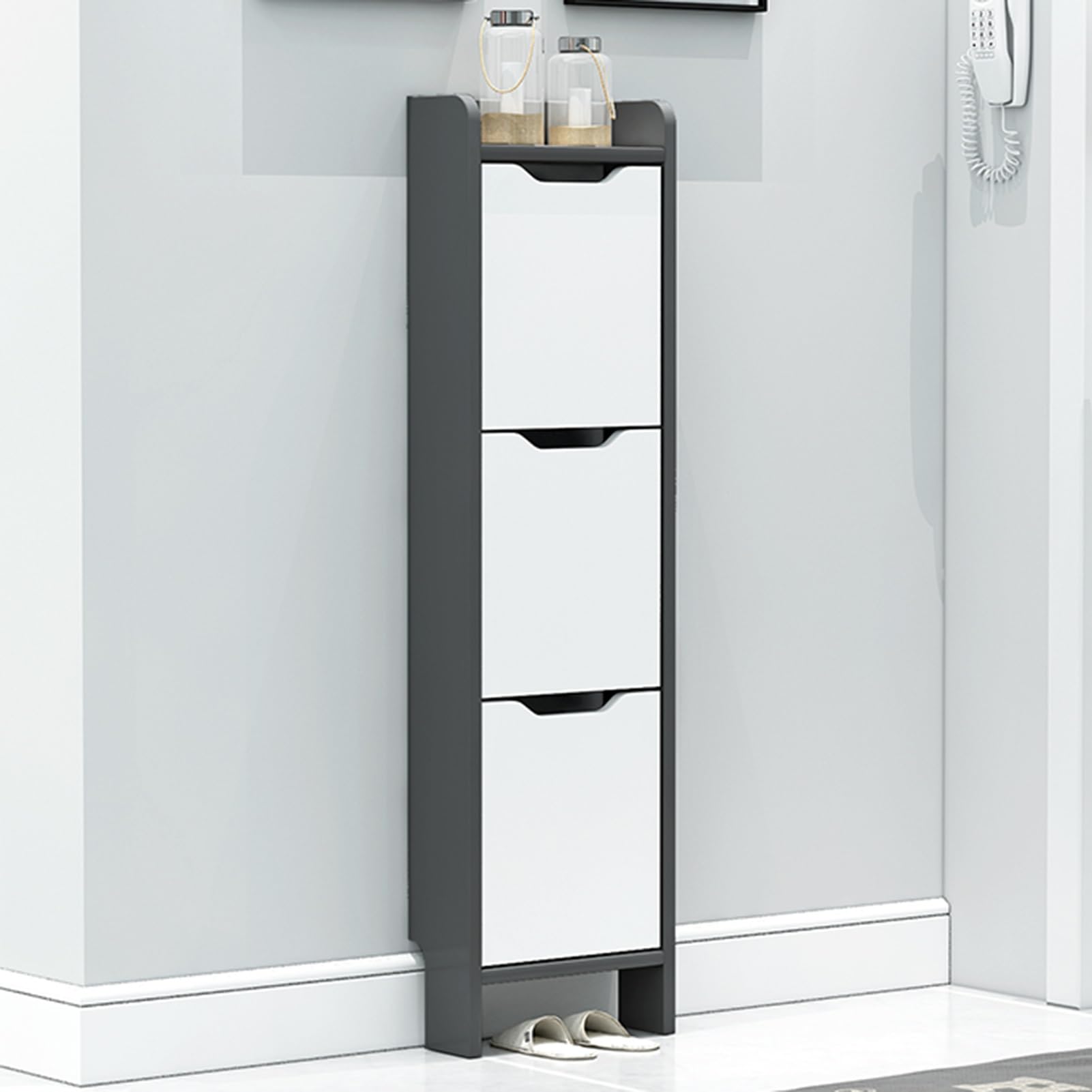 JDHSKCF Shoebox Walnut+White Shoe Cabinet with Doors – Slim Free Standing Tipping Bucket Shoe Rack Organizer for Entryway – 40cm/16in Narrow Shoe Storage Selfless dedication