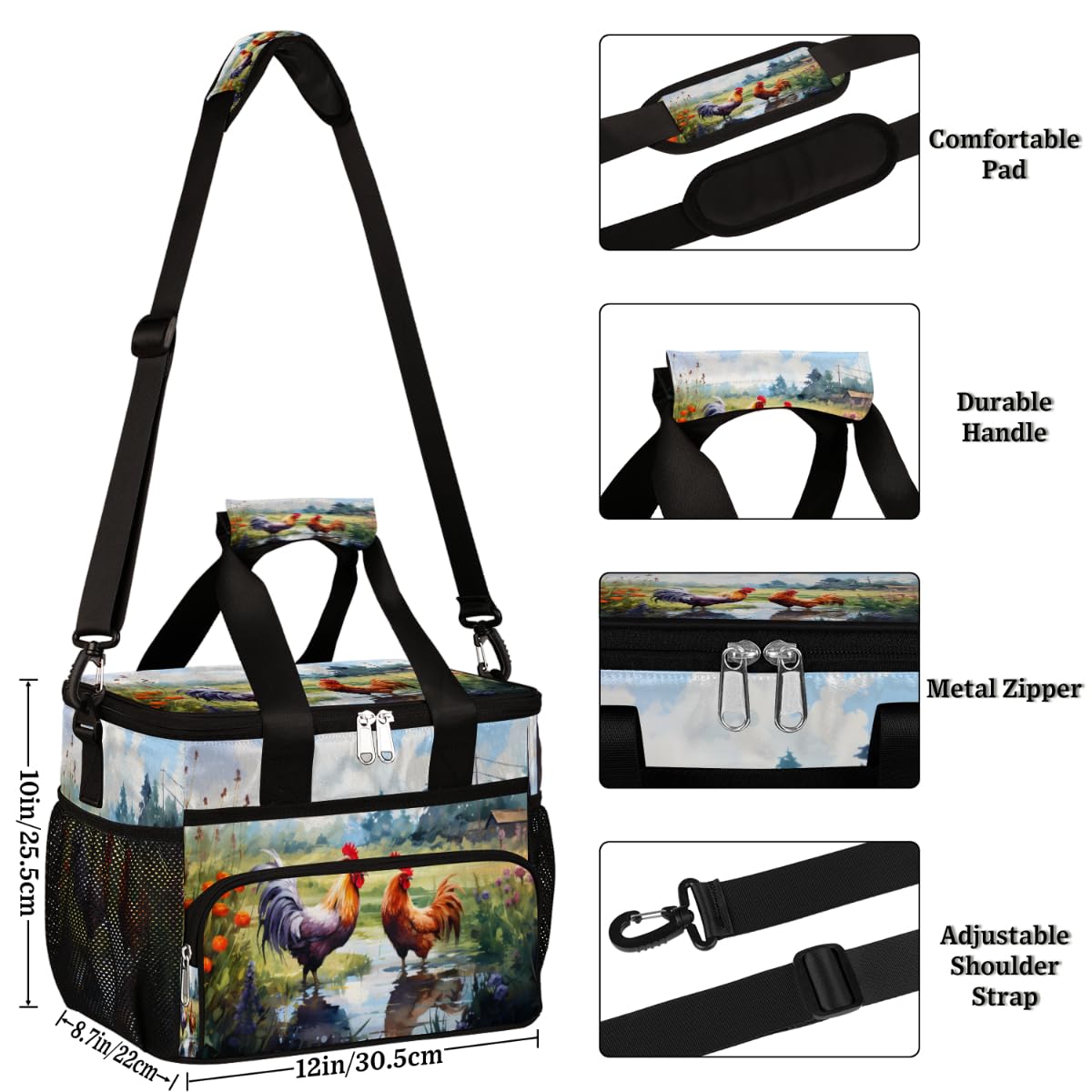 Chicken Farm Insulated Picnic Backpack Lunch Box for Women Men Picnic Basket Tote Lunch Bag Picnic Bag Portable Lunch Bags for Picnic, Beach, Work, Trip,Office, Camp Rooster Chicken
