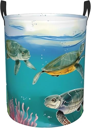 Cesta circular con estampado de tortugas marinas y peces impermeable, cesta organizadora de lavandería, con asas, para ropa, juguetes, tamaño mediano
