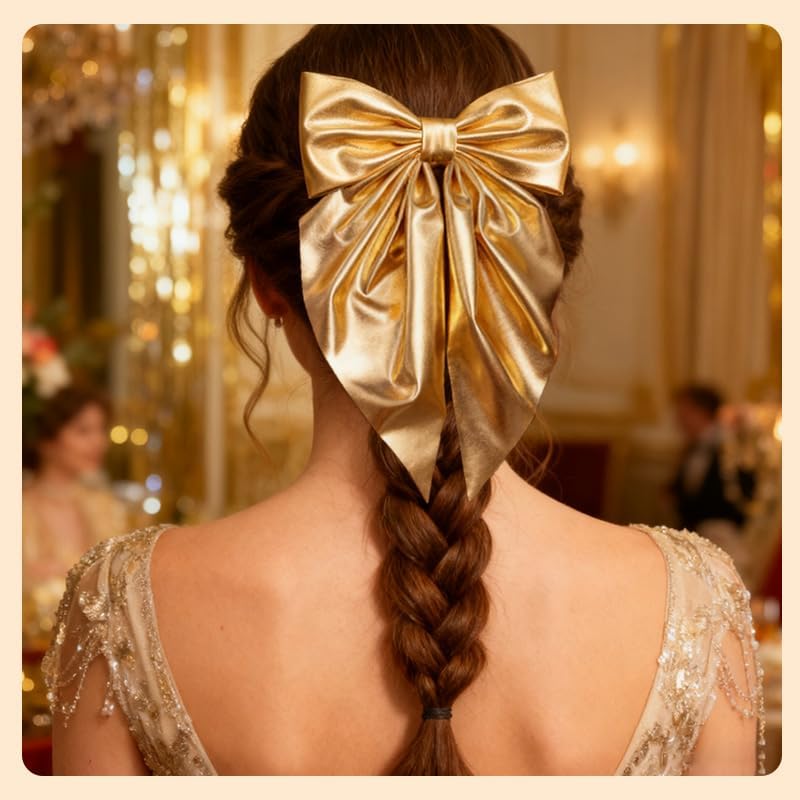 Large Metallic Gold Hair Bow with Long Tails Ribbon Bowknot Clips for Women Girls Sparkly Big Bows Metallic Barrettes for Women Girls Glitter Christmas Birthday Hair Accessories for Tea Party Outfits - Image 5