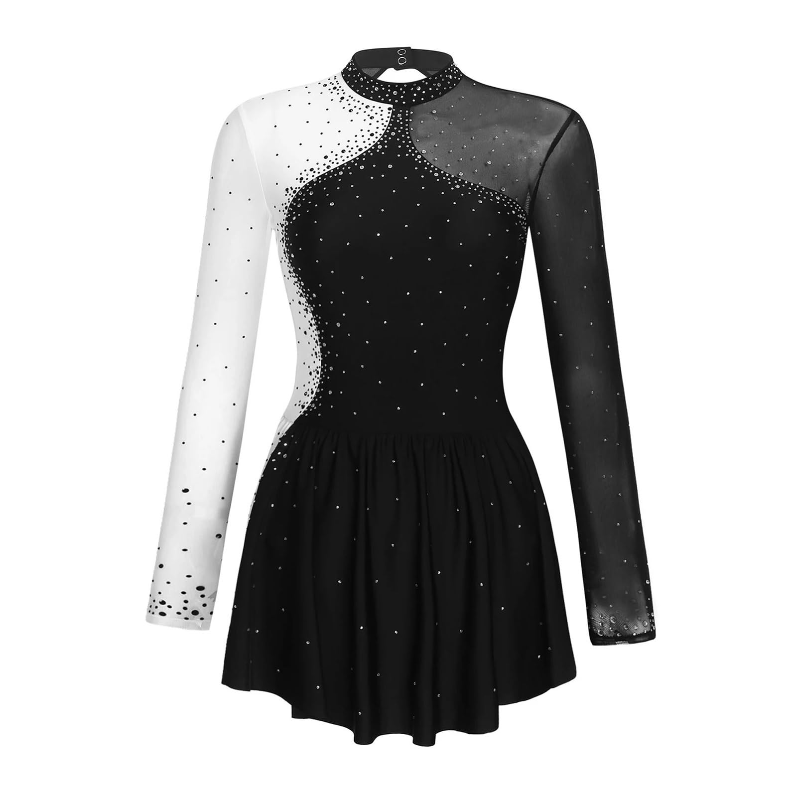Eiskunstlauf-Kleid Damen Ballettkleid mit Strasssteinen, transparentem Netzstoff, for Eiskunstlauf, Gymnastik, Trikot, Kleid, Langarm Fur Eiskunstlauf(Black,L)