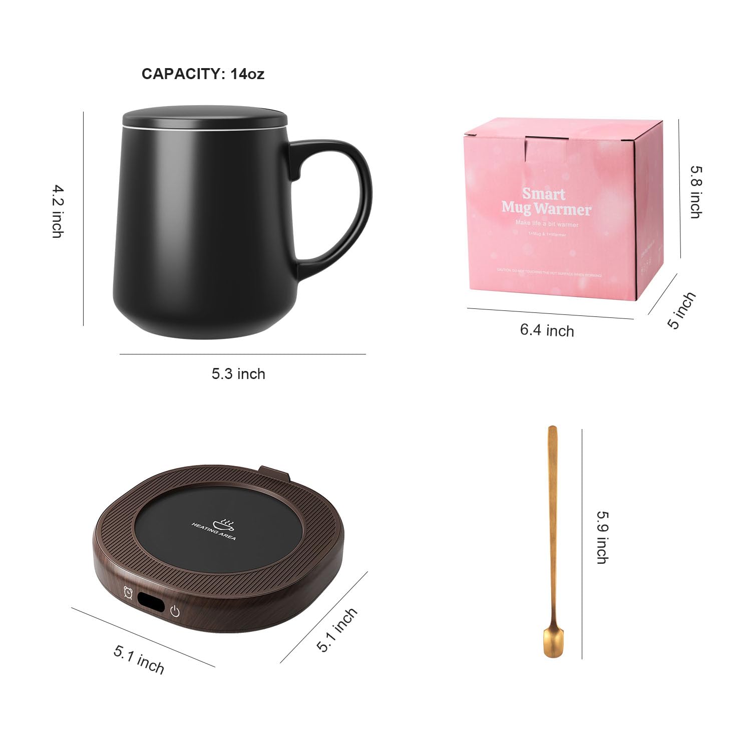 Juego de calentador de tazas de café y tazas para escritorio, calentador eléctrico inteligente de apagado automático para oficina y hogar, 4 ajustes de temperatura, taza de calefacción de café