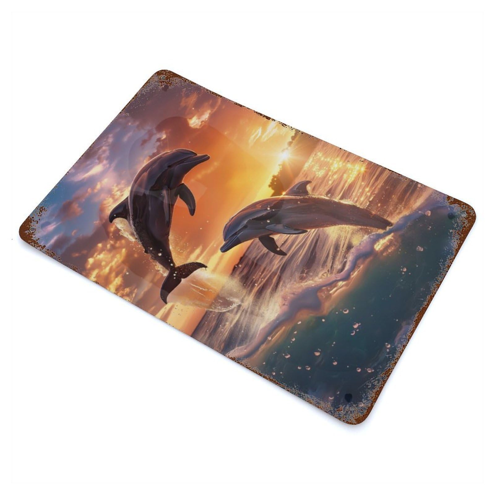 Dolphin Sunset Dance Retro Metal Sign 11.8"x7.9", Vintage Wall Decor for Garage, Pub Or Kitchen