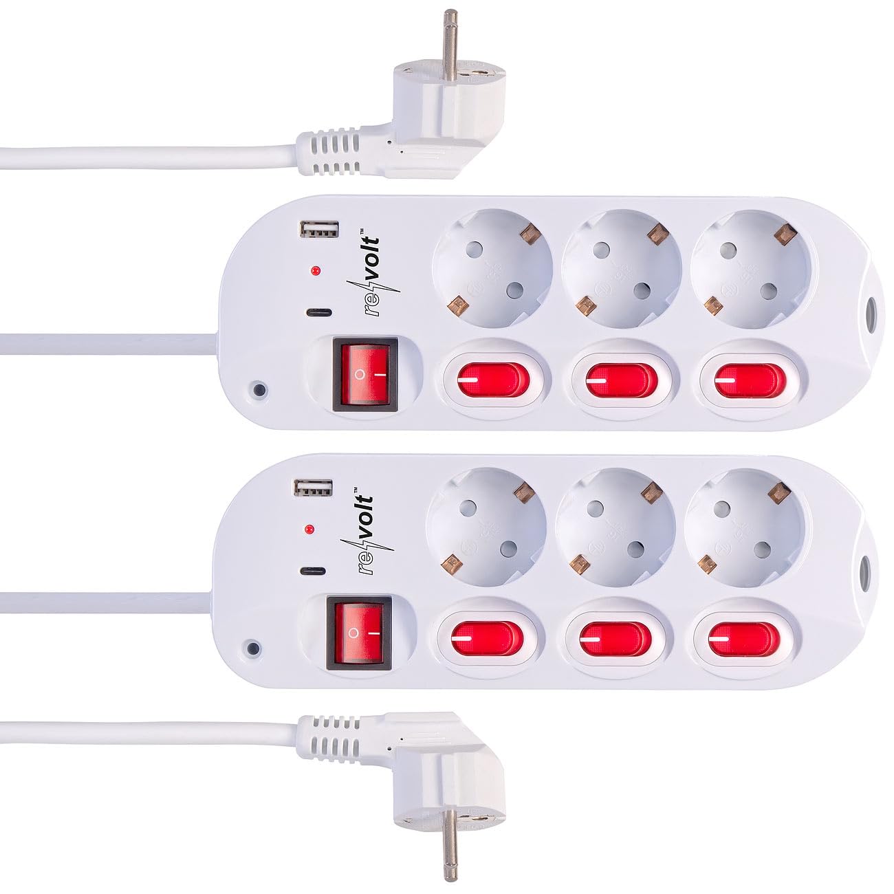 revolt multipresa 230V: Set da 2 Multipresa a 3 vie, attivabile singolarmente, 2 porte USB per la ricarica (con porte di ricarica USB, ciabatta elettrica da 230 volt)