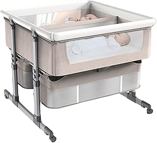 YSXFS Lits bébé, Berceau De Chevet pour Jumeaux, Ajustable Toddler Lits Co-Dormant avec Filet Respirant/Brouette Universel/Panier De Rangement/Grand Matelas(Color:Kaki)