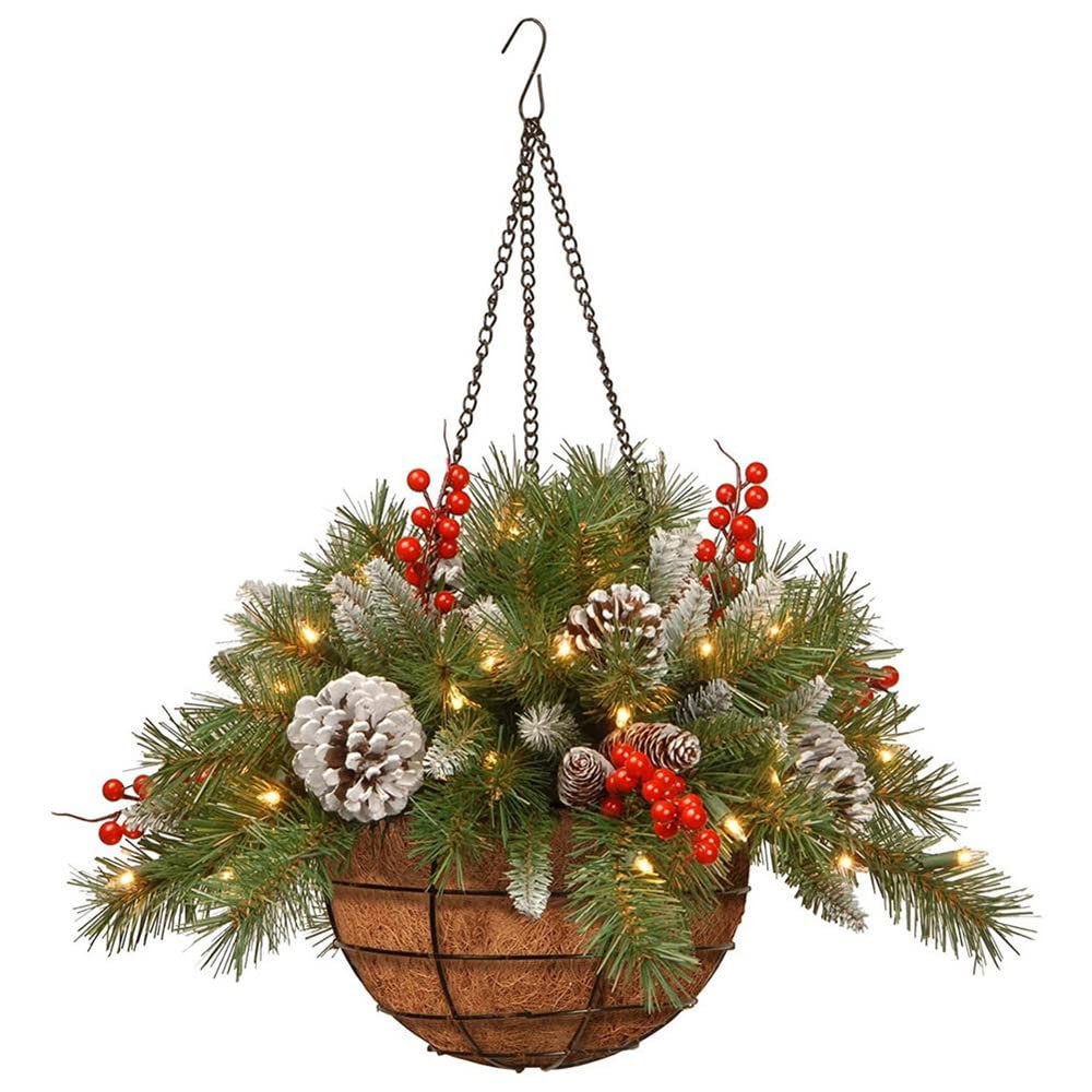 VOLORD Artificial Christmas Hanging Baskets with LED Lights, Pre-lit Flocking Mixed Christmas Wreath Decorations with Pine Cones, Berries, Pine Needles, DIY Christmas Garland Decorations