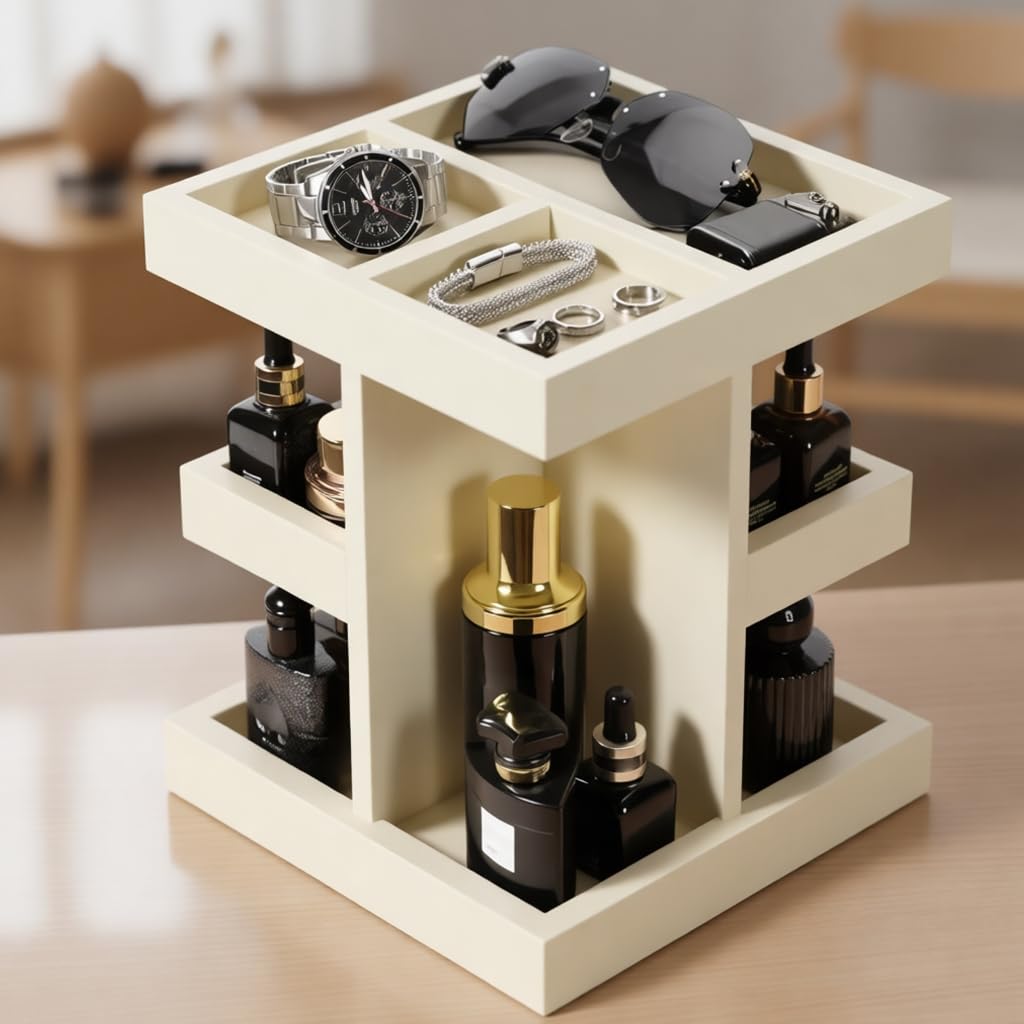 Elegante organizador de accesorios de belleza de madera de 3 niveles con estante de almacenamiento giratorio para cosméticos