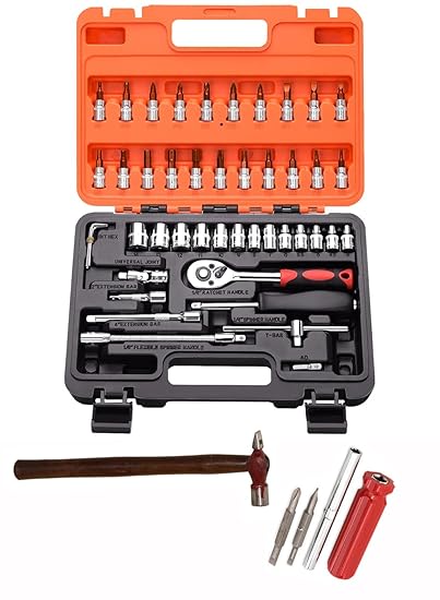 Digital Craft Multifunction Hand Tool Kit Car Ratchet Wrench Assembly Tool Household Repair Tools Automotive Set 46PC Socket Set,4 In 1 Screw Driver,Hammer 200 gm,