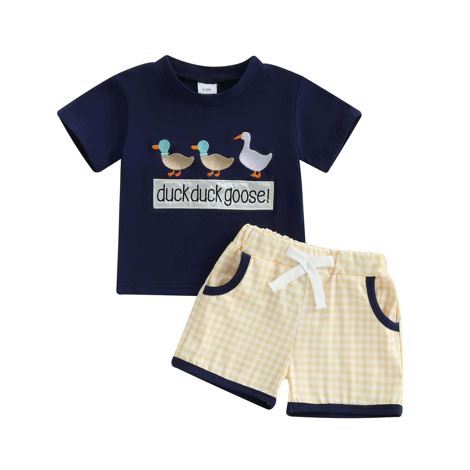 Santikisler Toddler Baby Boy Clothes Summer Mallard Duck Goose Short Sleeve T-Shirt Top Plaid Shorts 2Pcs Farm Outfit Set (Navy Blue, 18-24 Months)