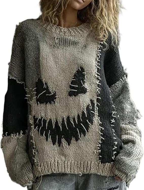 Women's Horror Halloween Spooky Face Stitched Cozy Knit Sweater Funny Top Casual Holiday Party Shirt (Small) Beige