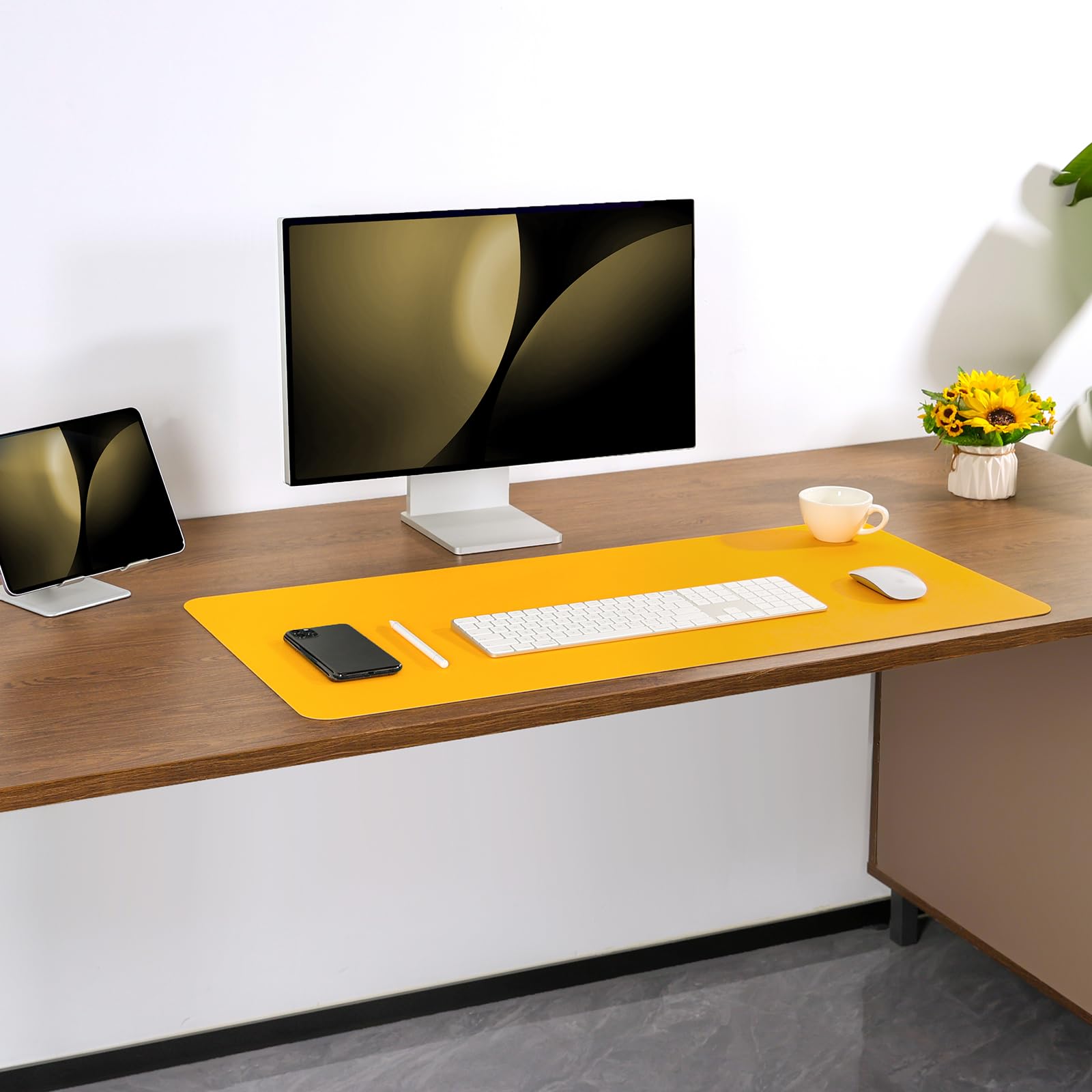 Sous-main Tapis de Bureau Antidérapant Double Face Cuir 43 x 90 cm Gris Jaune