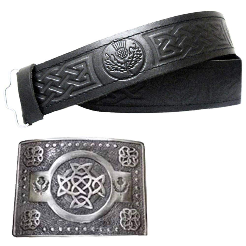 Tidoneam Unisex Silver Antique Finish Kilt Belt With Buckle Celtic Knot Thistle Embossed Real Leather Belts Black (M, )