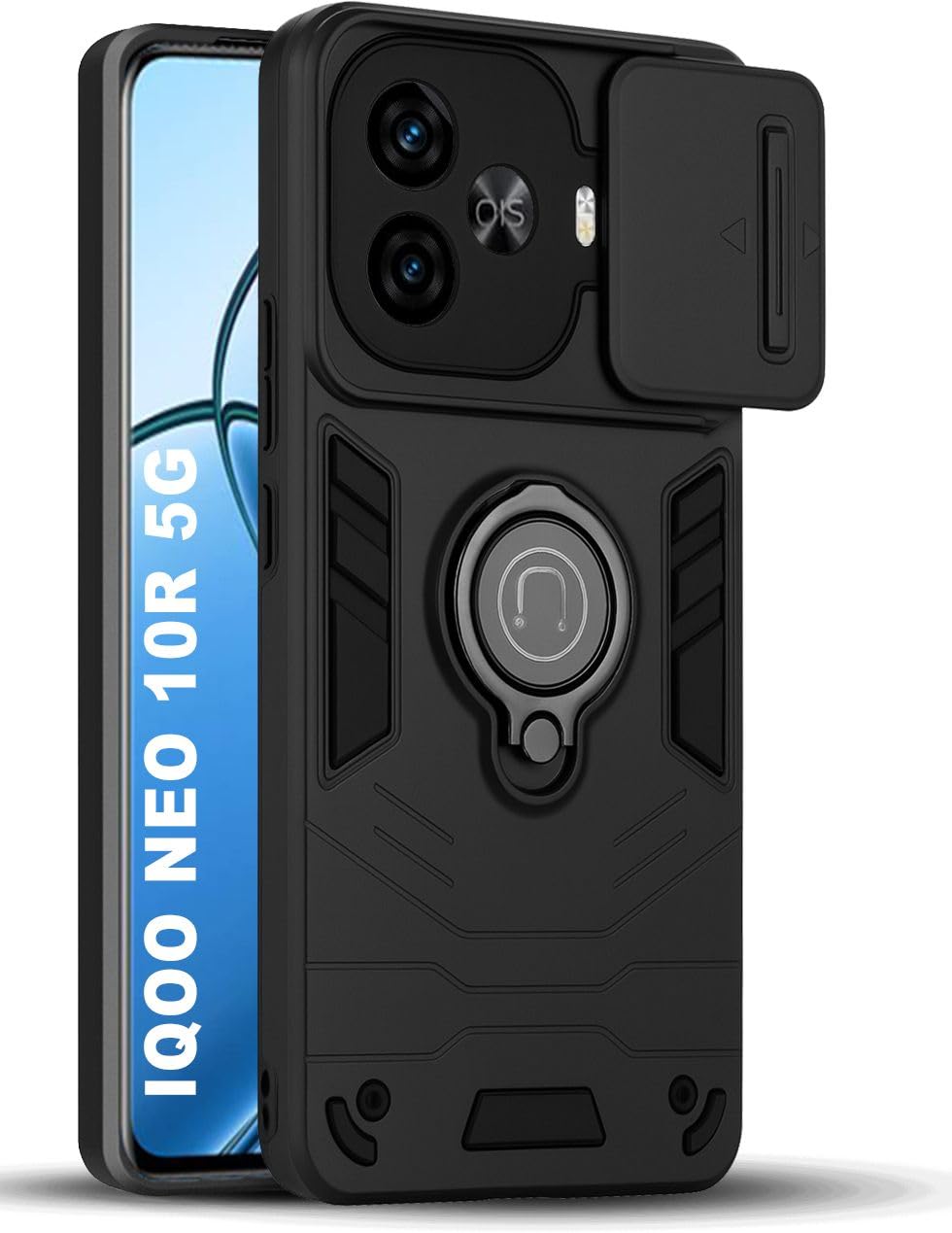 Hupshy Shockproof Armor Case for IQOO Neo 10R 5G with Camera Slider & Magnetic Ring Stand | Military Grade Protection | Kickstand Grip Cover | Matte Black