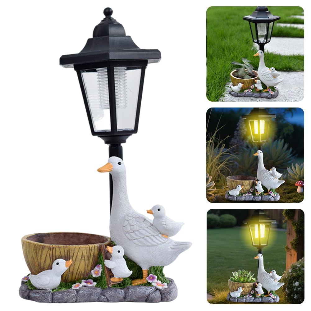 1Pc Garden Duck Statues With Solar Lantern, Duck Figurines Yard Art Garden Sculptures, Ducks Solar Powered Lanterns Garden Ornaments For Patio Lawn Backyard Porch Decor
