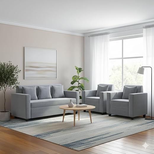Handwood 5 Seater Fabric Sofa Set Light Grey