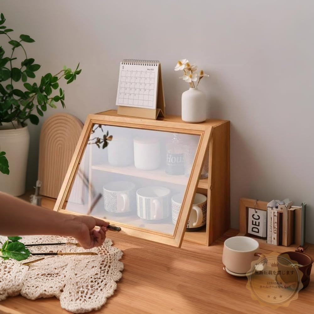 Amazon｜IWEJ ナチュラル木製ミニ食器棚 アクリル・ガラス扉付きロー