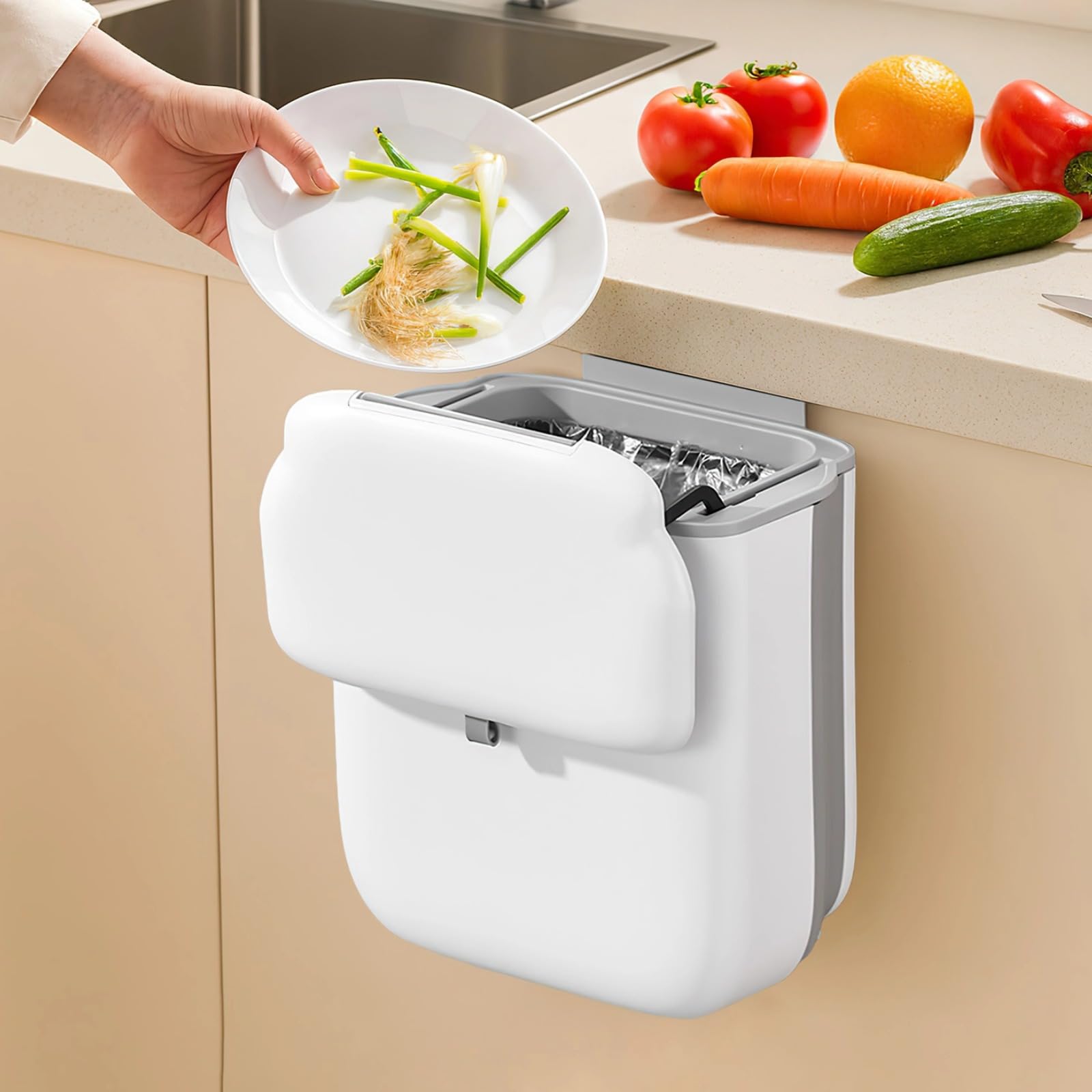 Poubelle suspendue pour cuisine, sous-évier, compacte et pliable, modèle voiture, blanche, avec couvercle coulissant étanche pour compost, gain de place sous comptoir