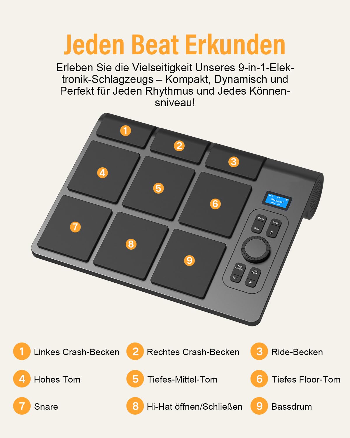 Batería electrónica de 9 almohadillas con LCD, altavoces estéreo duales y pedales | Set de batería de mesa portátil para principiantes y profesionales | Compatible con Bluetooth MIDI | Ideal para casa