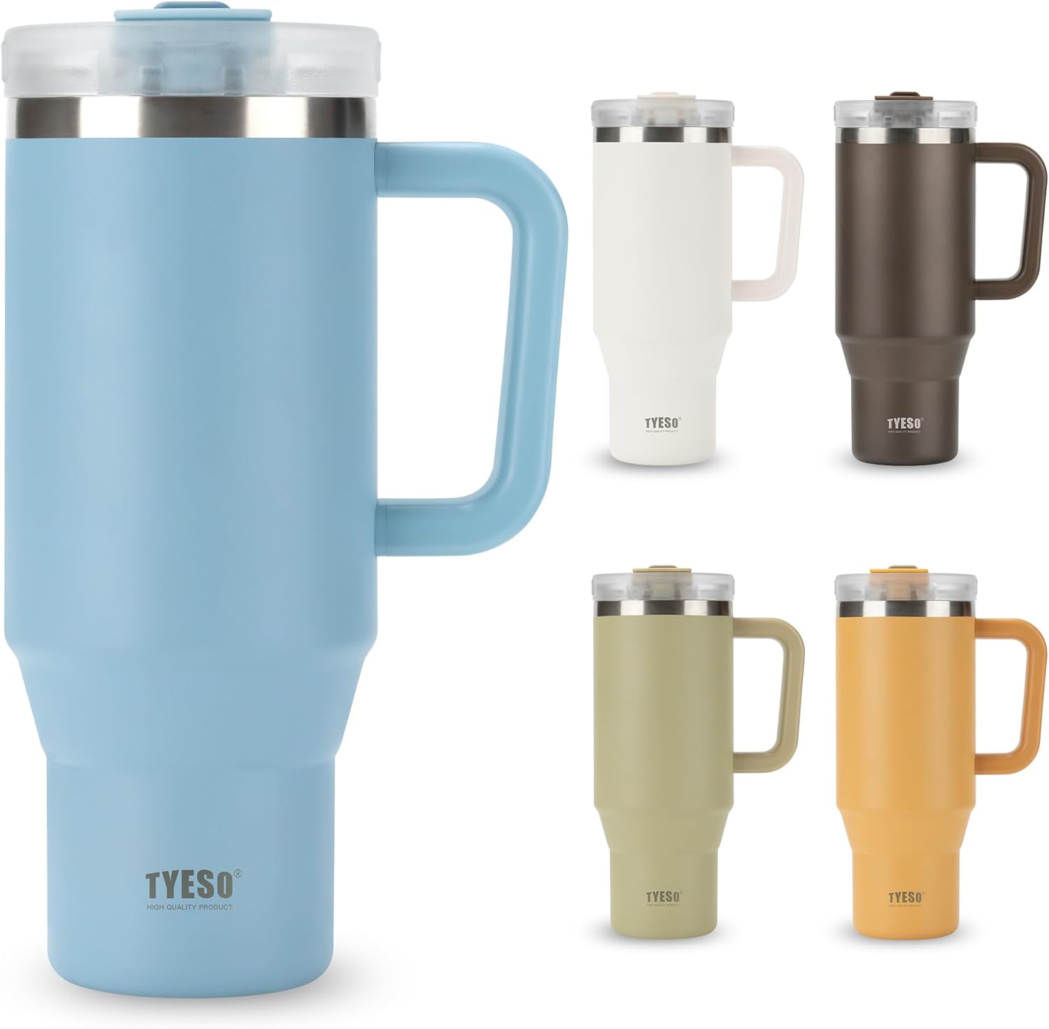TYESO Vacuum Insulated Tumbler Water Bottle Cold Insulation Stainless Steel Bottle Straw Handle Mug Double Wall Wide Mouth (SKY BLUE, 30 oz)