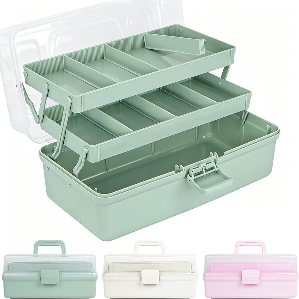 Ccarzzi 3 Layer Storage Box with Compartments, Multipurpose Medicine Organizer Sewing Box Craft Storage Box with Lid and Handle, for Arts, Stationery, Medicine, Small Parts (Green)
