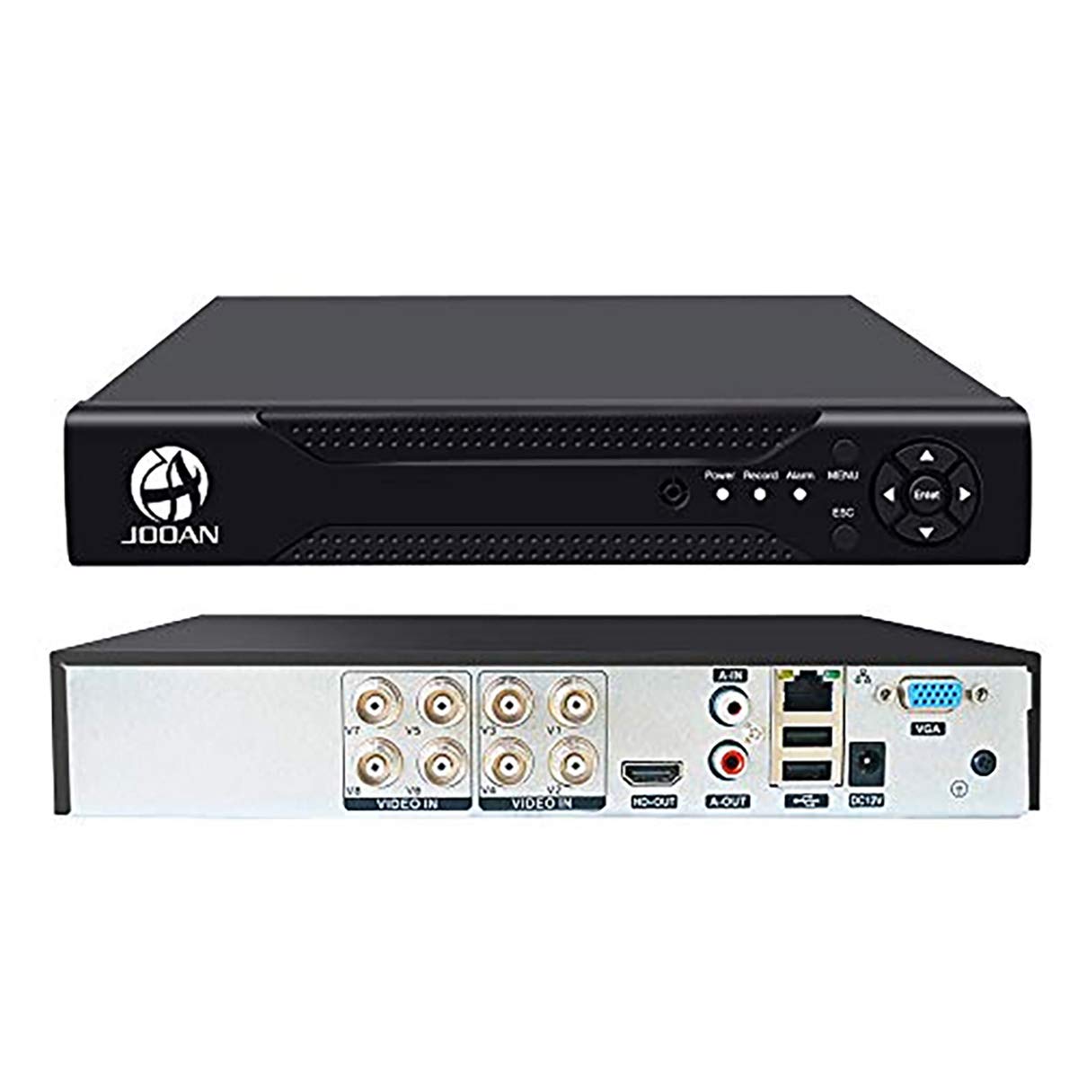 Rear panel of JOOAN 8-Channel DVR showing various input/output ports.