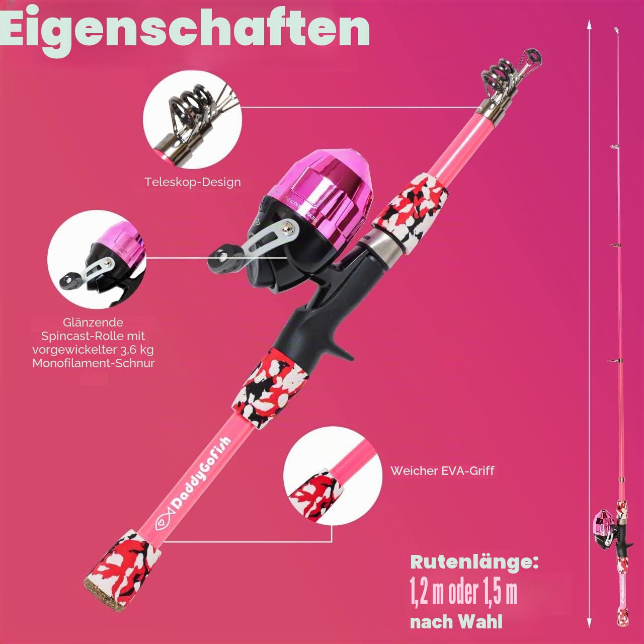 DaddyGoFish Kinder Angelset - Teleskoprute & Rolle Combo mit Klappstuhl, Rutenhalter, Tackle Box, Ködernetz und Tragetasche für Jungen und Mädchen