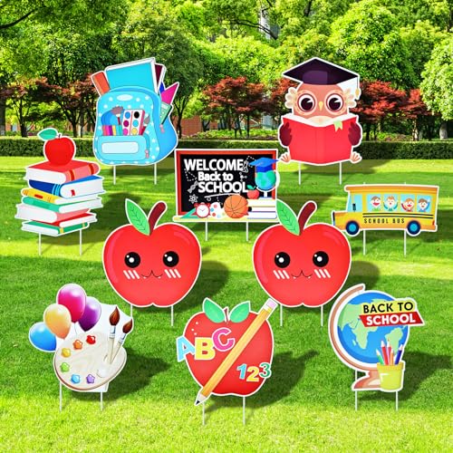 10-Piece Set Back to School Yard Signs with Stakes Assorted Apple Owl and School Bus Designs for Outdoor Garden and Lawn Decoration 11.7 x 11.8 Inches Plastic Signs for Welcome School Party Favor