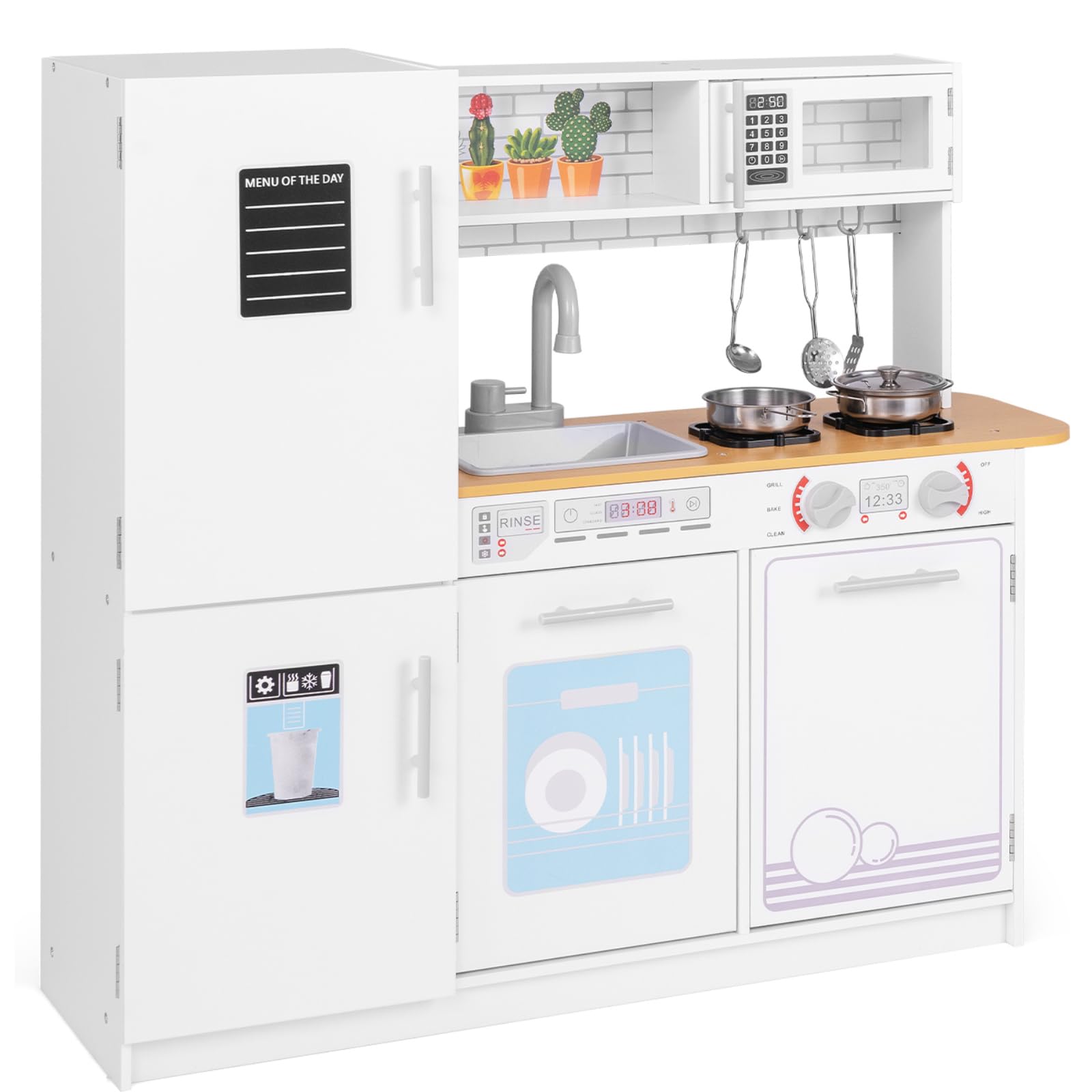 Maxmass Kids Play Kitchen, Wooden Children Pretend Kitchens with Water Dispenser, Chalkboard, Dishwasher, Sink, Microwave, Toddler Role Play Cooking Set Toy Kitchen for 3+ Years Old
