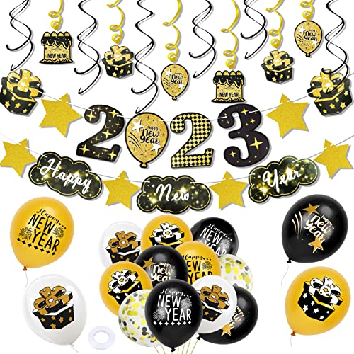 DPKOW 2022 Fin de año Fiestas Decoraciones,Oro Negro año Nuevo de Feliz Banner de año Nuevo Impresos látex Globos 2022 Aluminio Papel Globo año Nuevo Colgantes Remolinos para Fin de año Fiesta Cover
