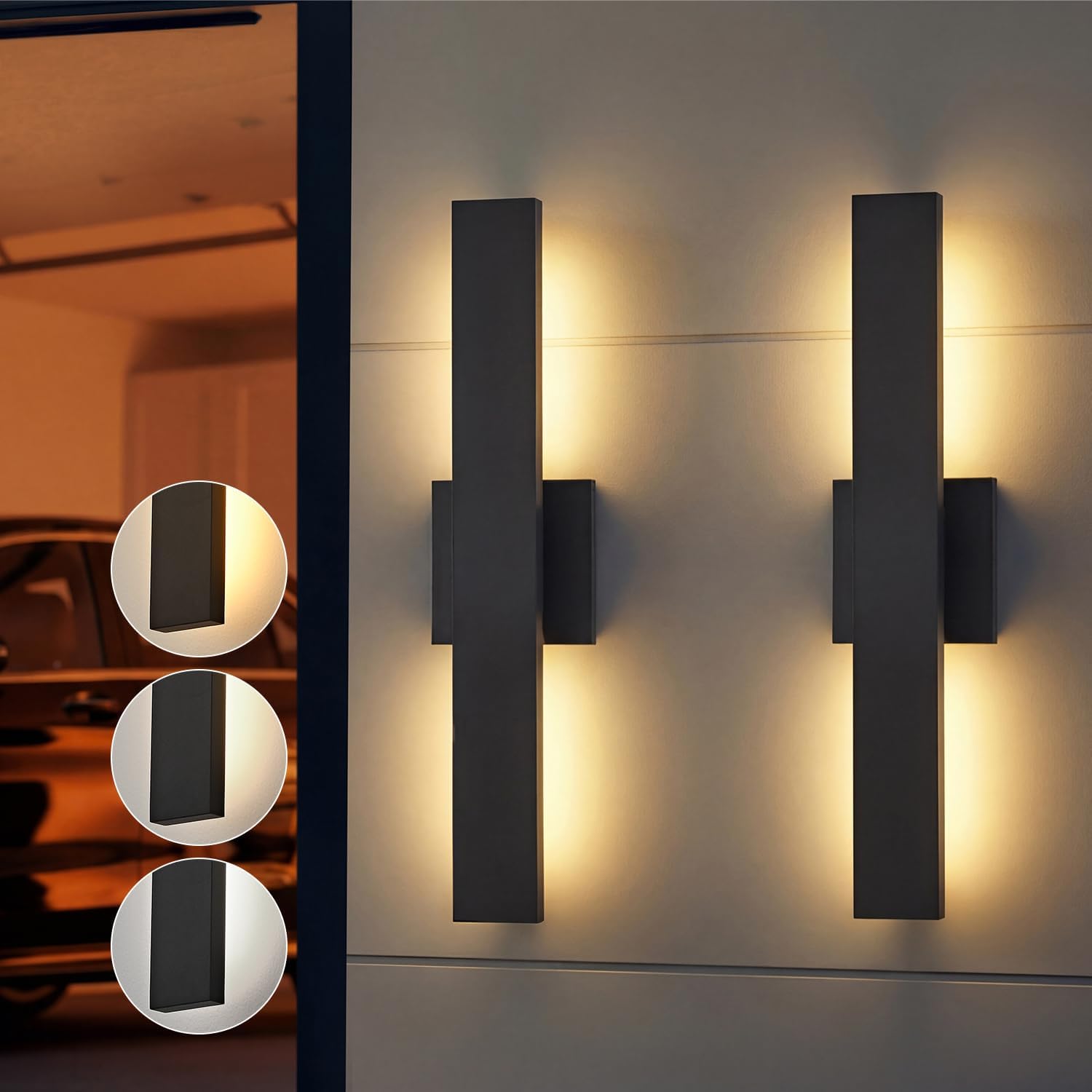 Upgraded 2-Pack 23.6in Modern LED Outdoor Wall Lights 3000K 4000K 5000K Dimmable Black Exterior Wall Sconce Long Outside Light fixtures for House Garage Front Door
