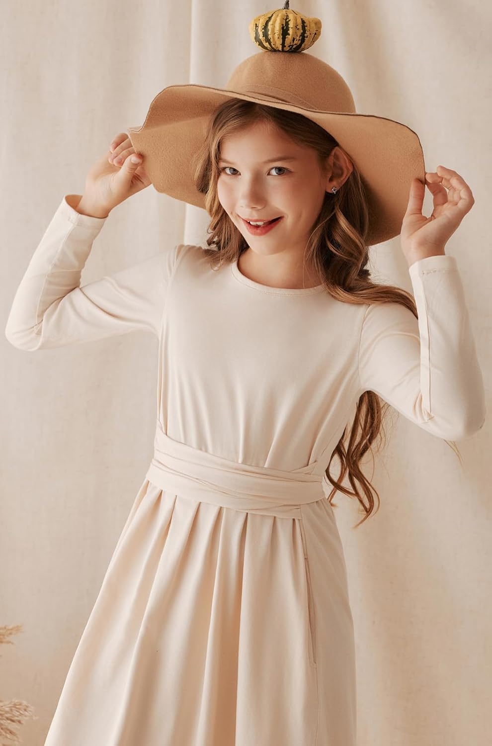 Girls Maxi Dress Long Sleeve Crossed Belt Dress with Pockets for Fall Winter Spring 6-12 Years - Image 2