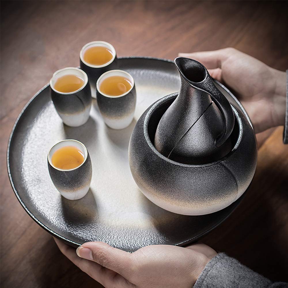 Juego de Sake de 7 Piezas, Juego de Sake de cerámica en Blanco y Negro de Dos Colores con Olla Caliente y Bandeja, para frío/Caliente/Shochu/té, Color increíble