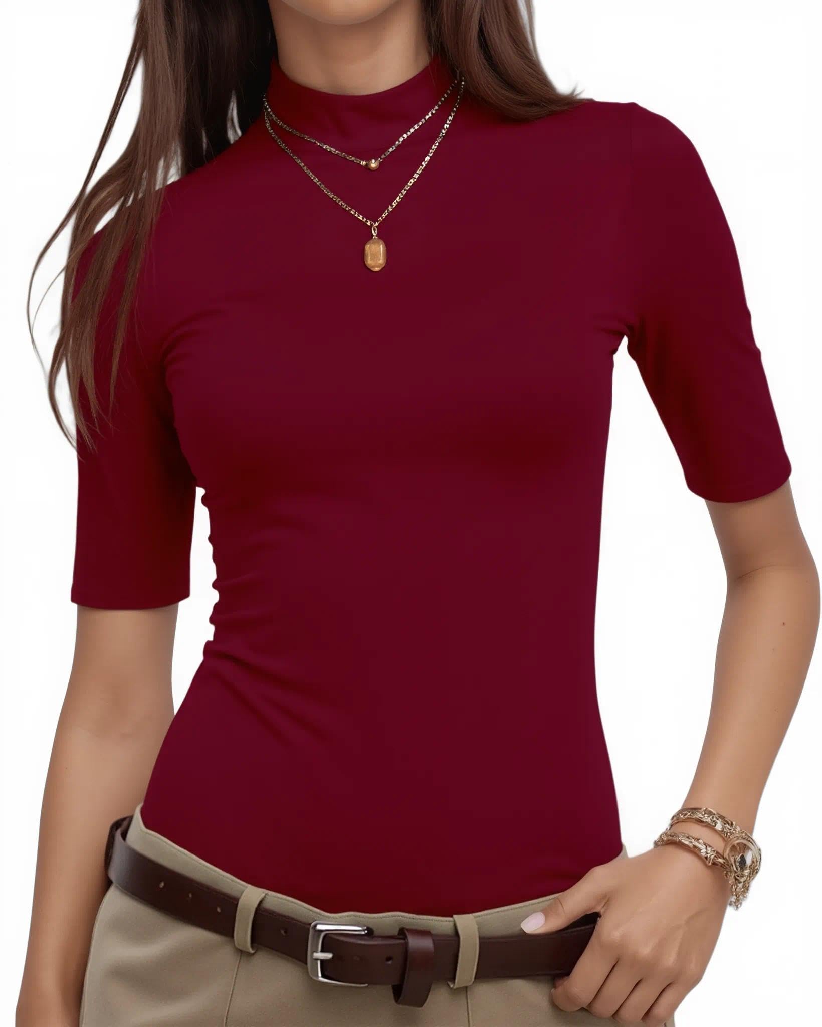 WOWENY Damen Kurzarmpullover elegant 1/2 Arm T-Shirt mit elastischem Stehkragen Rollkragen T-Shirt Baumwollen Basic Oberteile Bluse Shirt