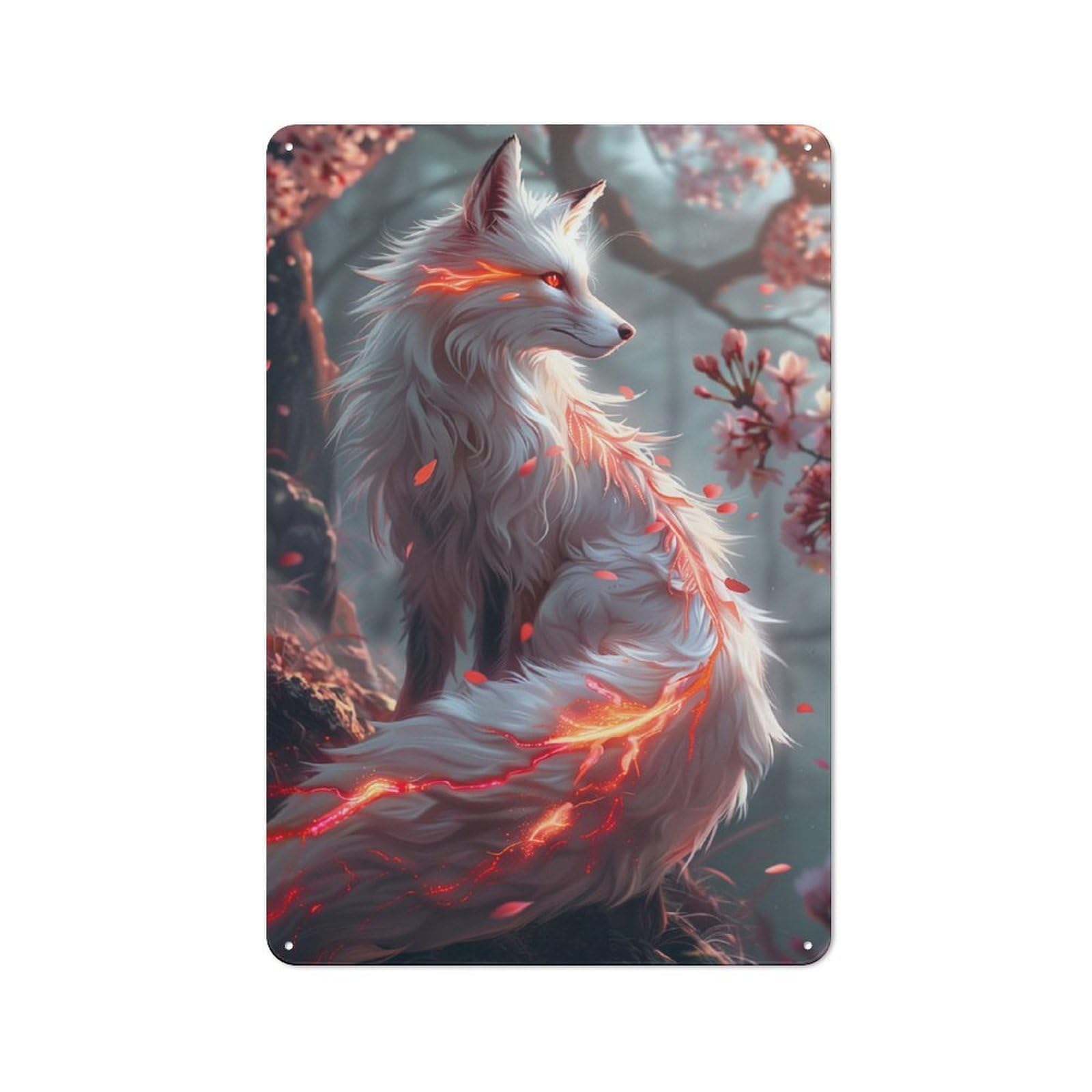 Sakura Kitsune Fox Rustic Metal Wall Decor 30x20cm, Garden Room Metal Sign for Patio Bar, Workshop, Shed Or Kitchen