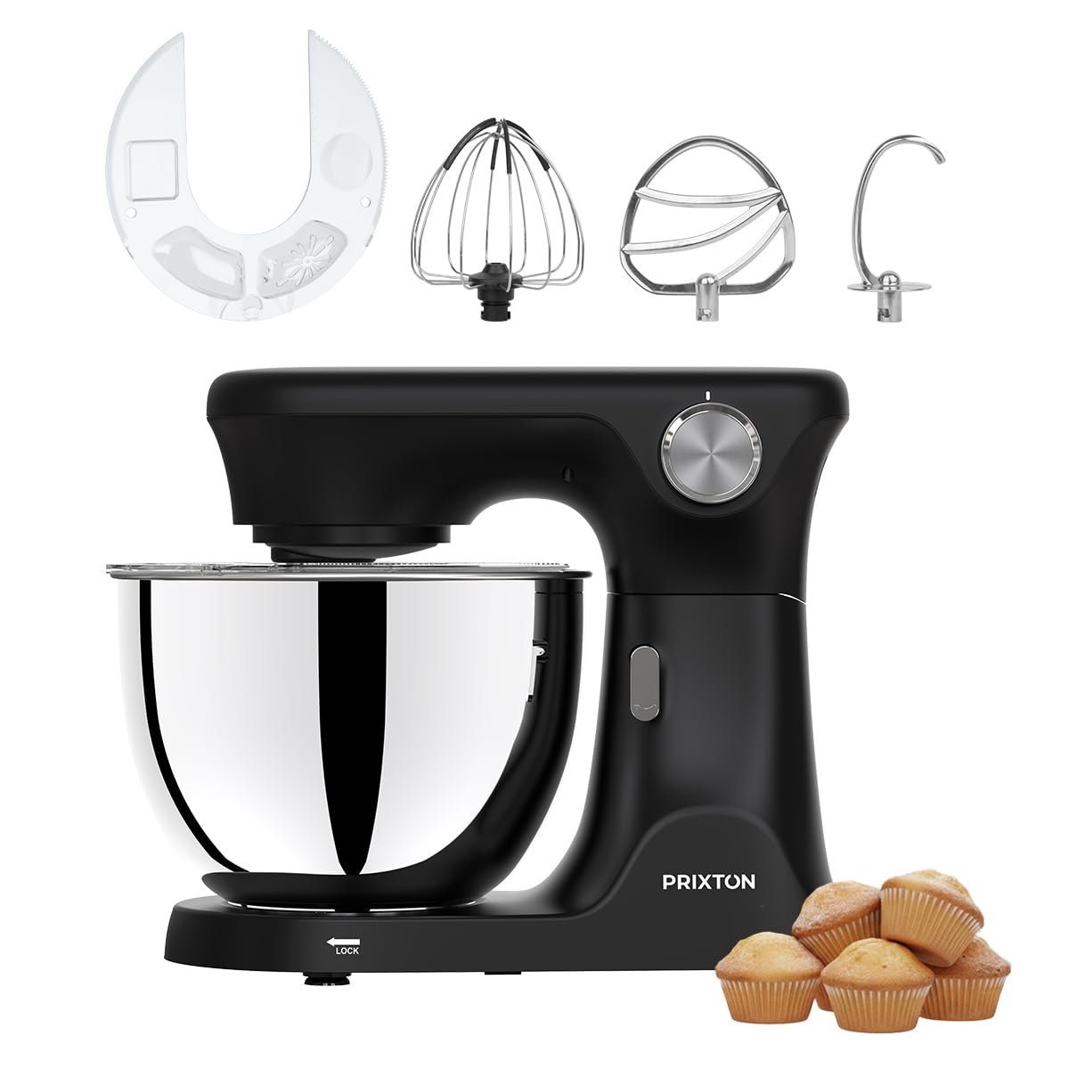 PRIXTON Batidora Amasadora KR350 2000W con Bol de Acero Inoxidable de 8 L, 6 Velocidades + Manual, Amasar Mezclar y Batir, Accesorios de Aluminio y Acero Inoxidable
