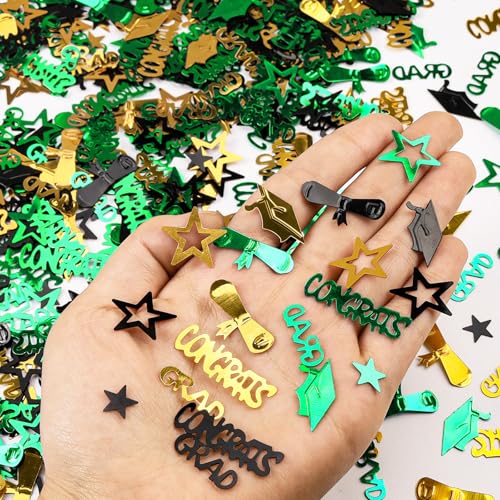 Image of Green Gold and Black Graduation Confetti 2026, 1000 Pcs Congrats Grad Confetti Class of 2026 Party Table Centerpiece for 2026 Graduation Party Decorations