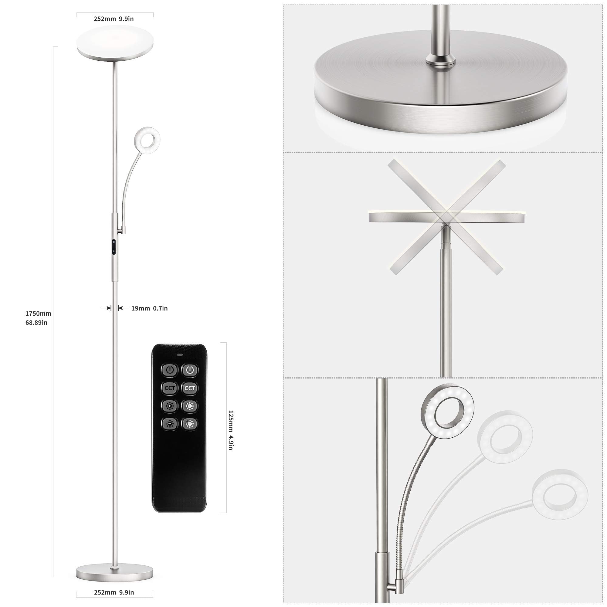 Anten LED Uplighter Klara Met Leeslamp - Nikkel, 30W Dimbaar, 3 Lichtkleuren, Afstandsbediening, 175 Cm Hoog, Voor Woonkamer En Kantoor