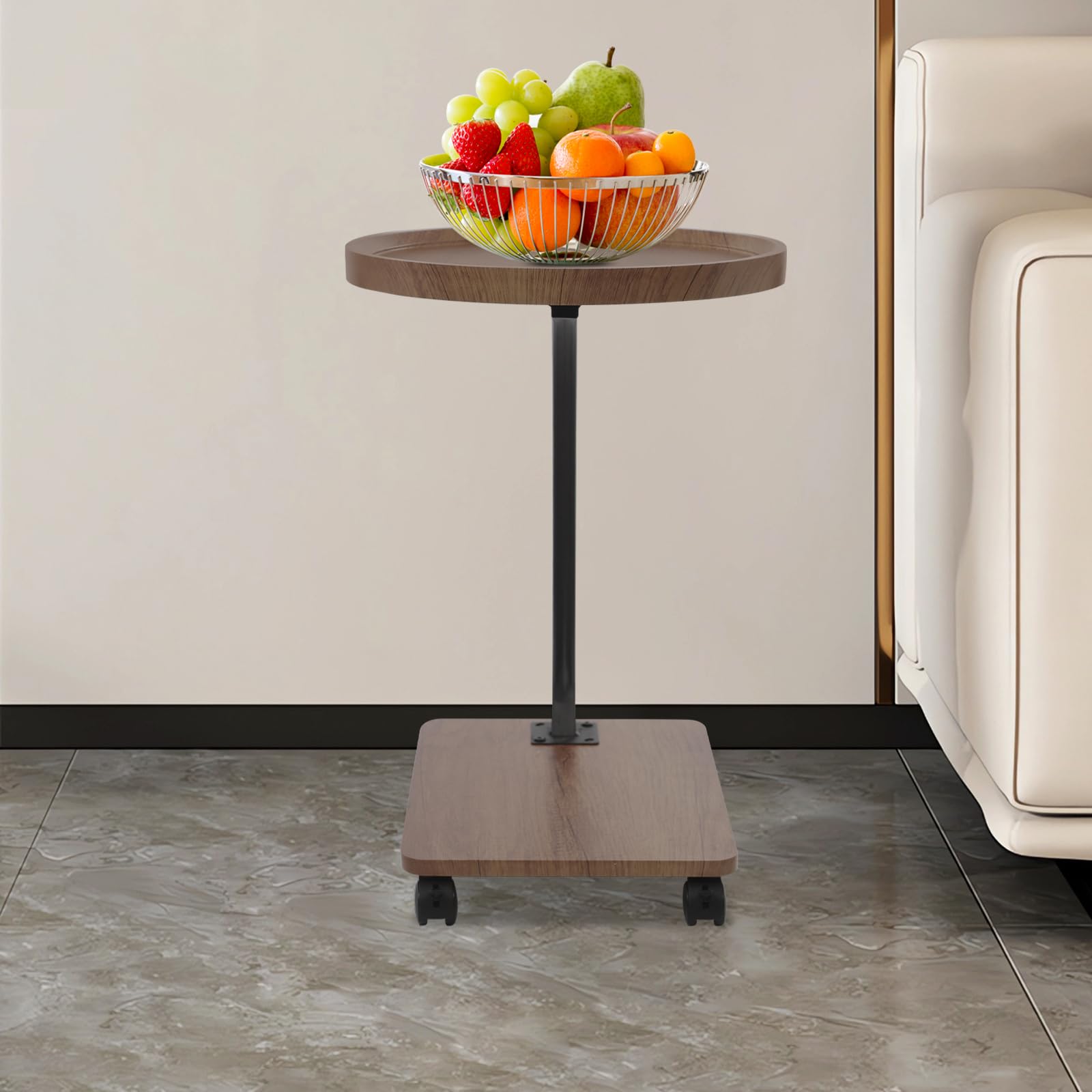 Mesa auxiliar en forma de C, sofá mesa auxiliar con ruedas, pequeña mesa de café de madera de metal, mesa de café móvil, mesa lateral estrecha, mesita de noche para salón, dormitorio, cama