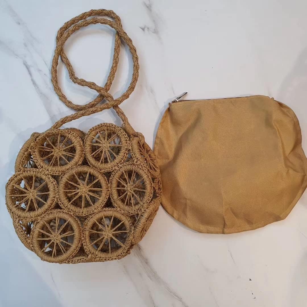 Round Straw Purses Bags Woven Summer Clutch Purses Crossbody Shoulder Handbag Bag Shoulder Bag for Women Vacation (Color : Brown, Size : One Size)