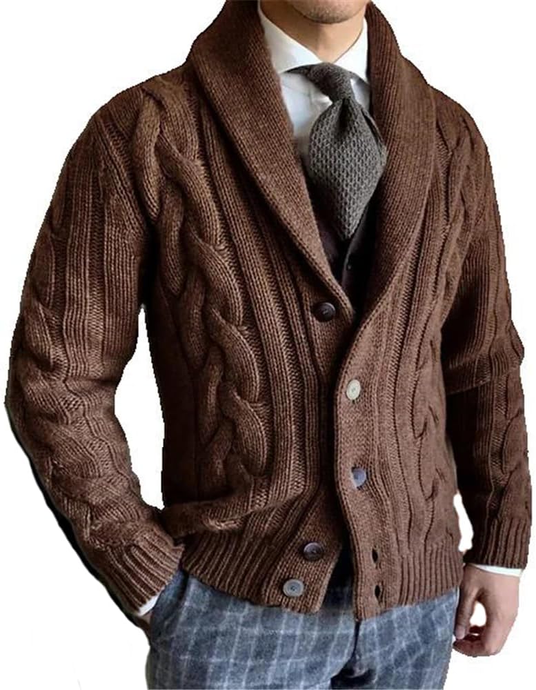 Men Autumn Winter Casual Solid Long Sleeve Button Lapel Loose Sweaters Outerwear Knitted Sweater Cardigans